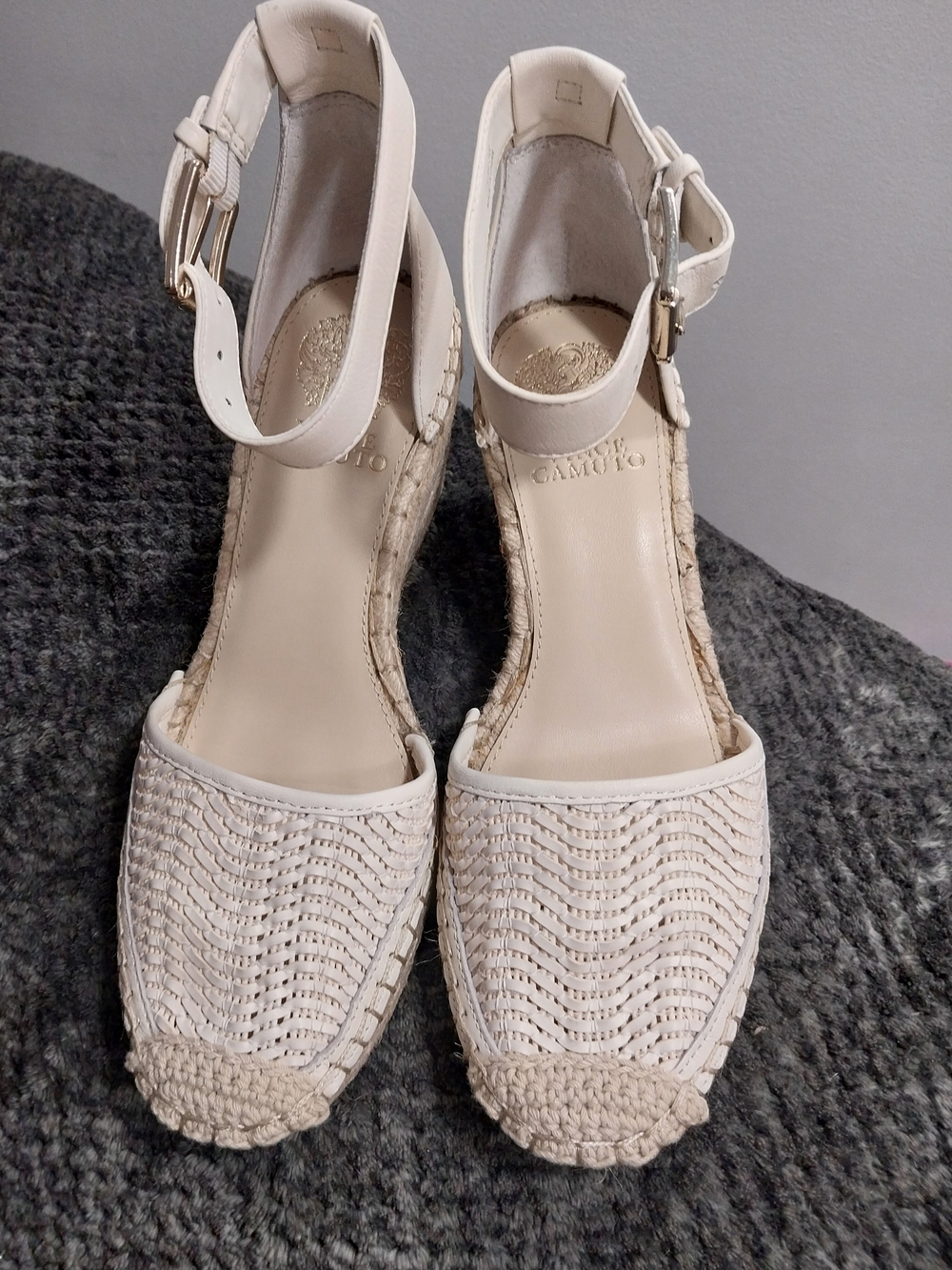 Vince Camuto Cream Woven Espadrille Ankle-Strap Wedges